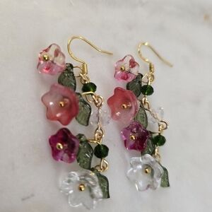 Floral Gold Earrings with Pink and Green Accents